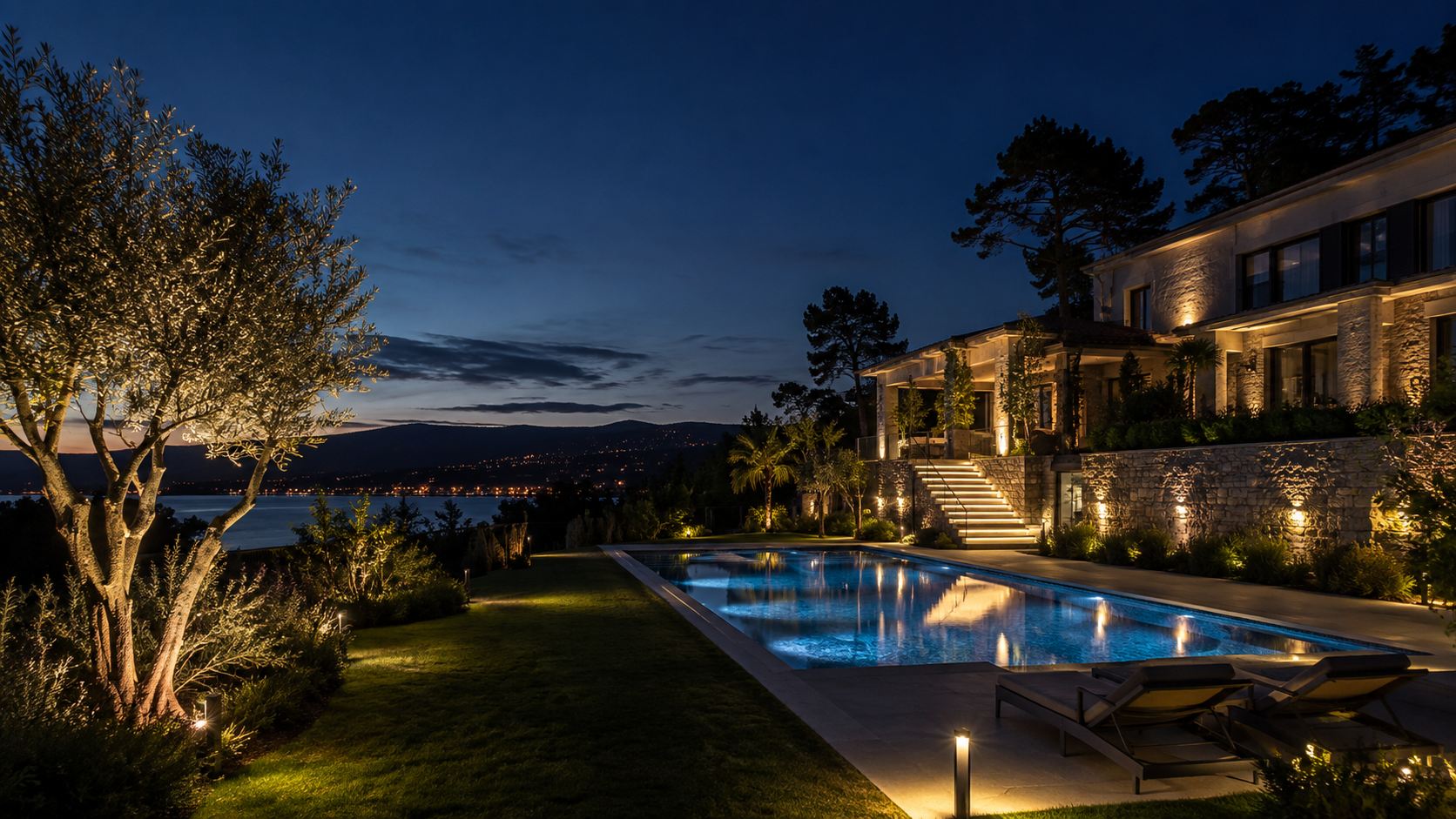Piscina y jardín con iluminación exterior LED nocturna