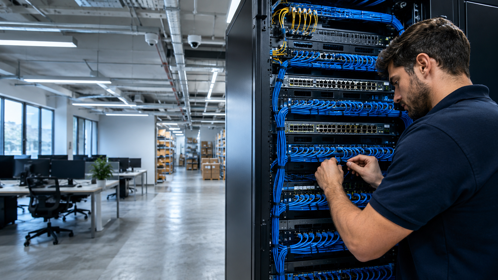 Rack de comunicaciones con patch panel y cableado estructurado