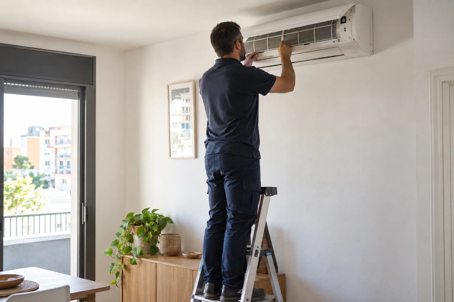 Profesional revisando los filtros de un aire acondicionado de pared