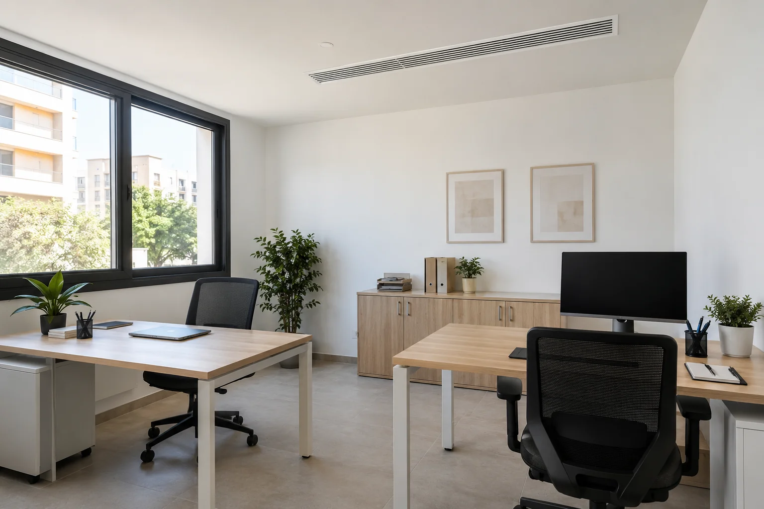 Oficina con luz natural y distribución de aire por rejillas en el techo