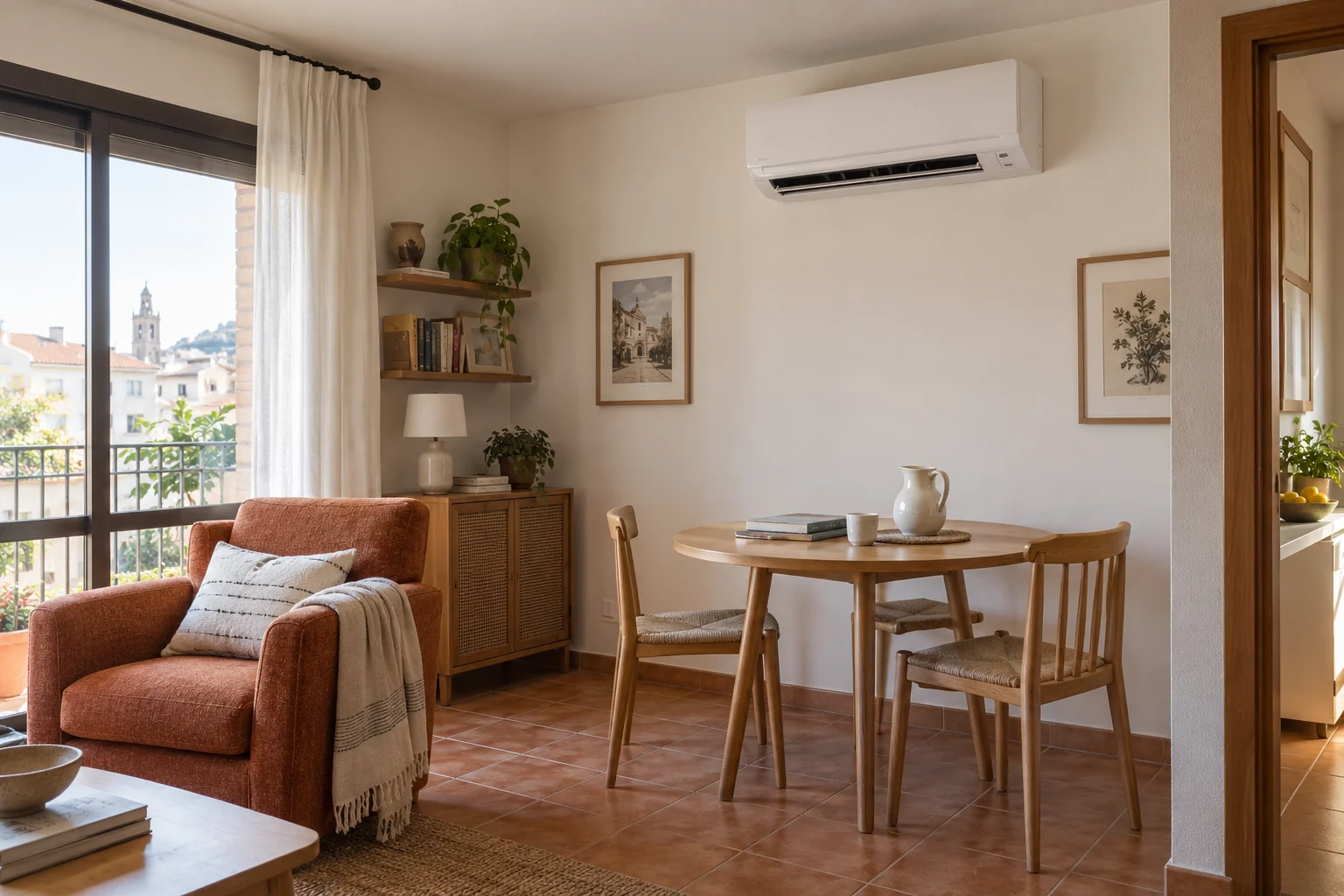 Salón luminoso con aire acondicionado split de pared