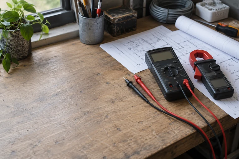 Instrumentos de medida y plano para revisar una instalación