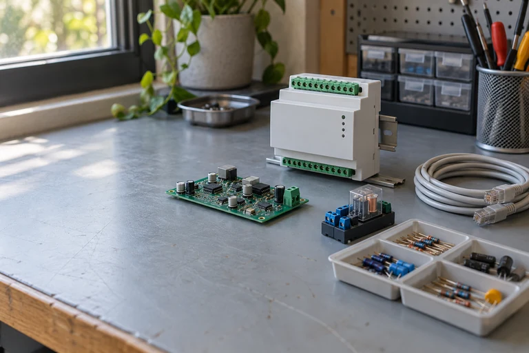 Elementos de electrónica y control domótico sobre una mesa de trabajo