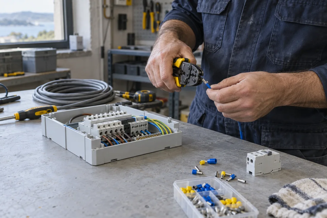 Preparación de cableado y componentes de un cuadro eléctrico en una mesa de trabajo