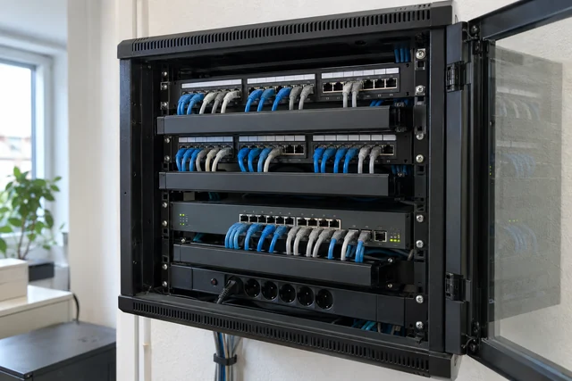 Pequeño rack de comunicaciones correctamente organizado
