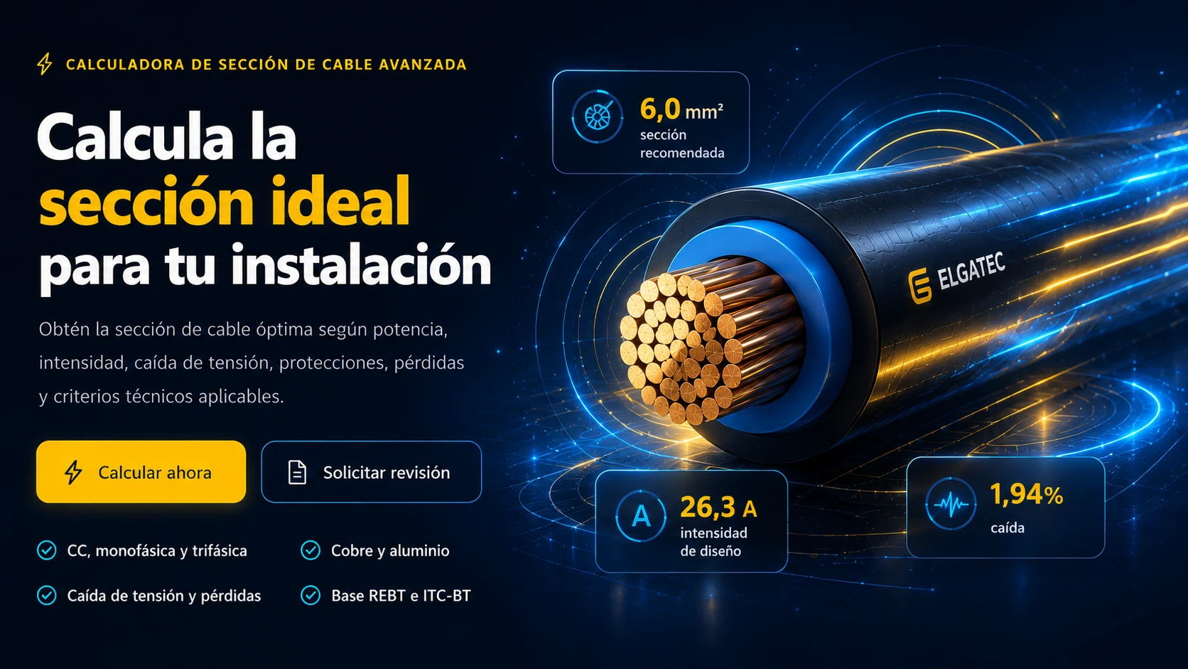 Calculadora de sección de cable y caída de tensión de ELGATEC