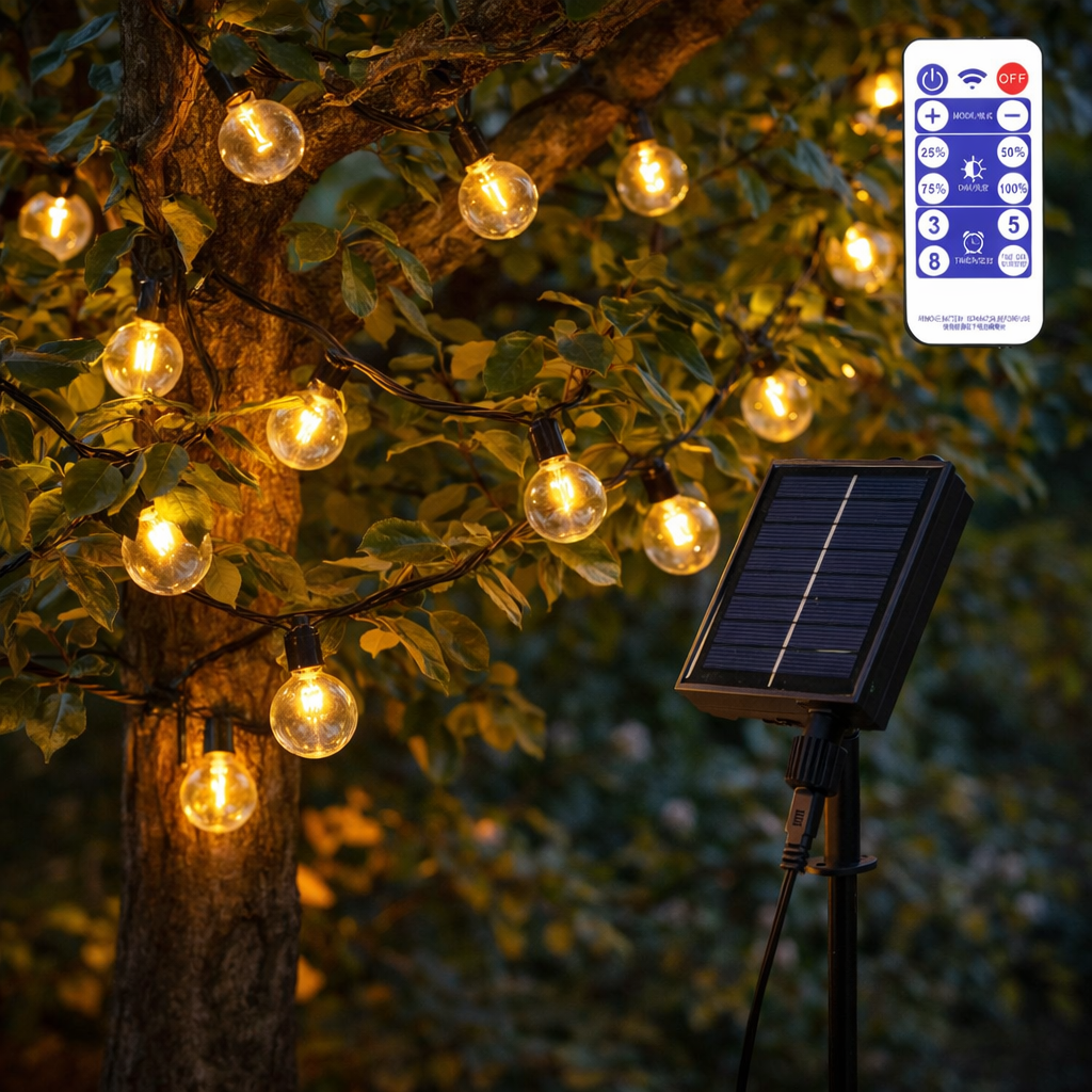 Cadena 25 Bombillas LED G40 2700ºK 9,5M Solar - Panel: 5,5V 1,2W Batería: 3,7V 1200MaH