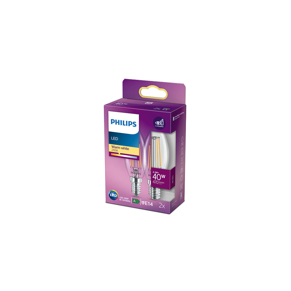Pack 2 Bombilla LED Philips E14 B35 4.3W 470Lm 2700K [PH-929001889767