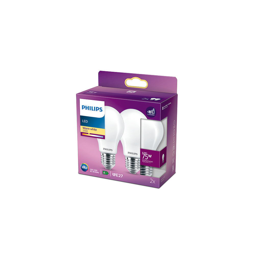 Pack 2 Bombilla LED Philips E27 A60 8.5W 1055Lm 2700K