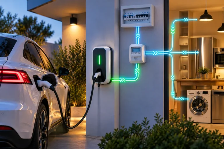Ilustración del reparto de potencia entre el cargador del coche eléctrico y los electrodomésticos del hogar.