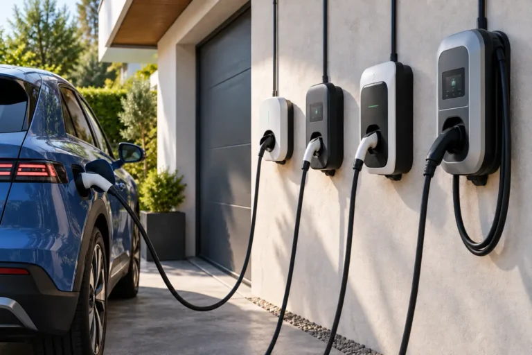 Coche eléctrico y varios cargadores de pared para comparar opciones de recarga doméstica.