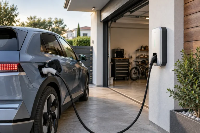 Coche eléctrico conectado a un cargador de pared junto al garaje de una vivienda.