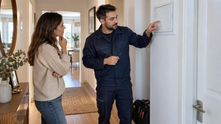 Profesional electricista revisando una instalación eléctrica