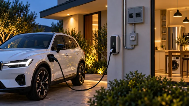 Coche eléctrico cargando junto al cuadro y contador de una vivienda con electrodomésticos.
