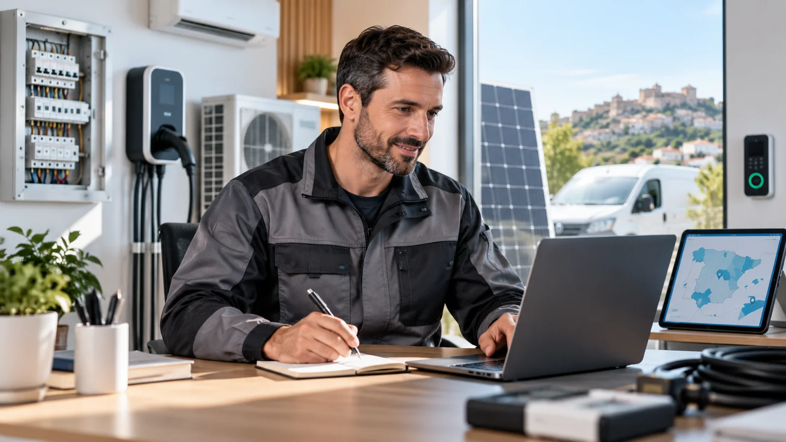 Profesional del sector de las instalaciones preparando su candidatura desde un ordenador