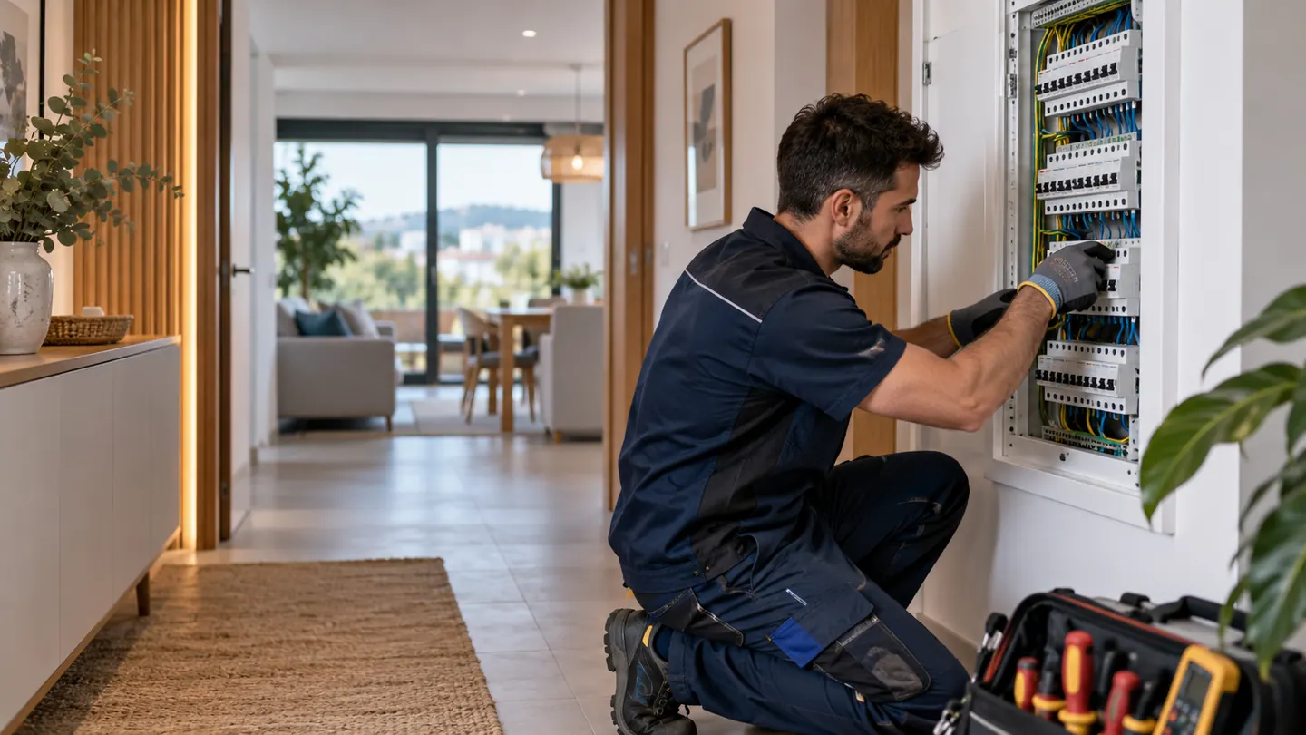 Técnico trabajando en un cuadro eléctrico abierto en el interior de una vivienda.