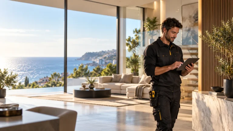 Técnico configurando la domótica de una vivienda con una tableta