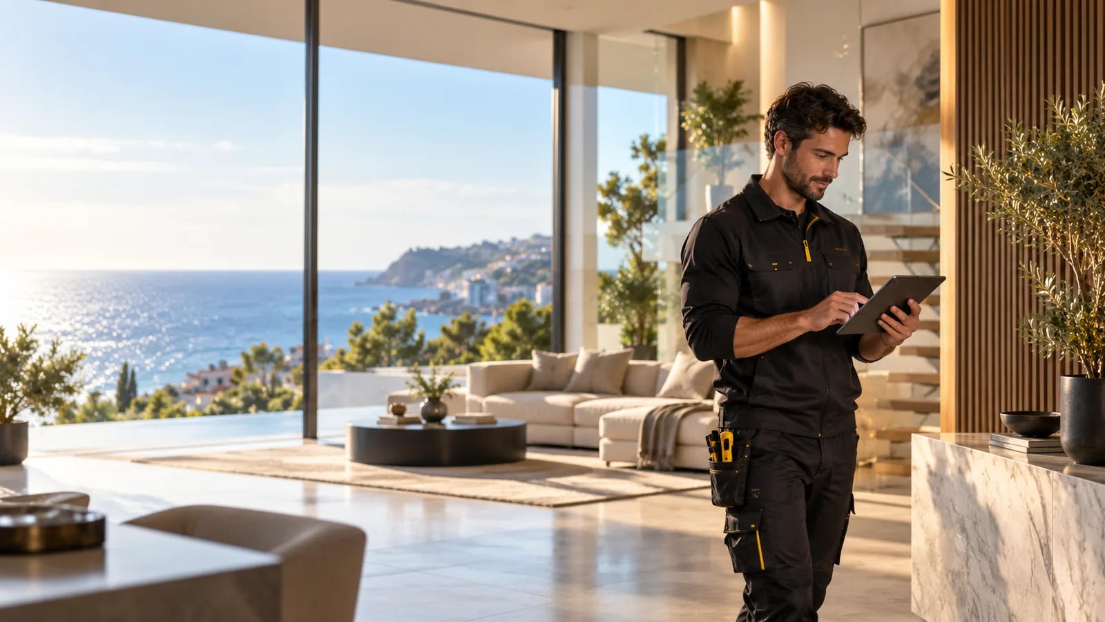 Técnico configurando la domótica de una vivienda con una tableta