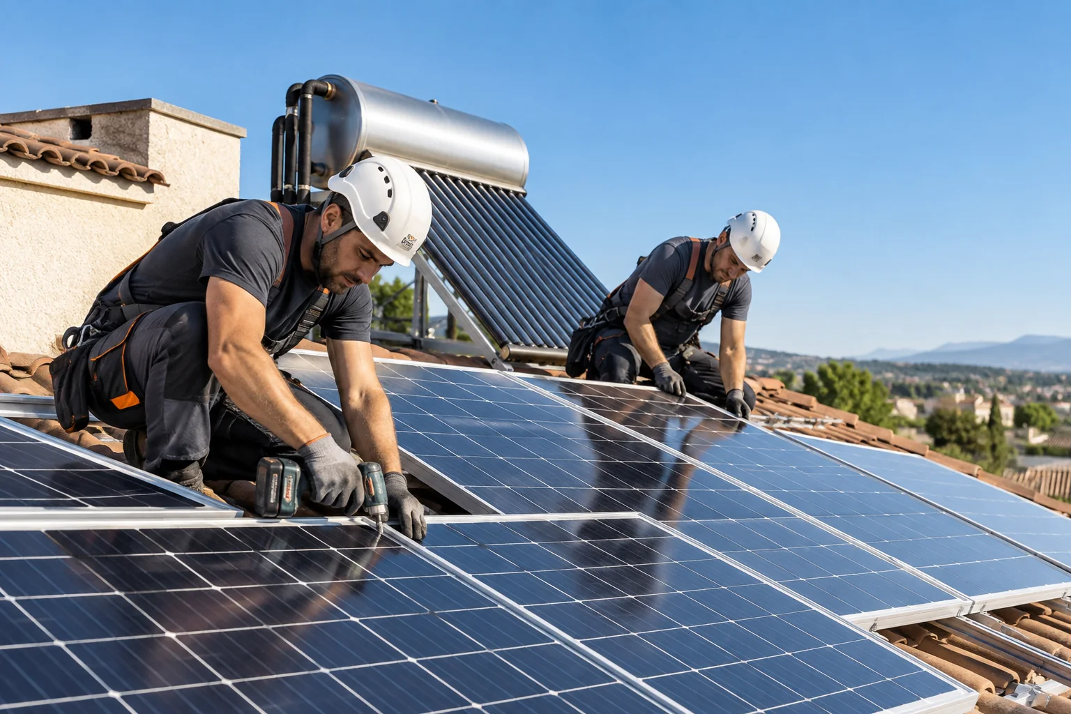 Dos instaladores montando paneles solares sobre una cubierta
