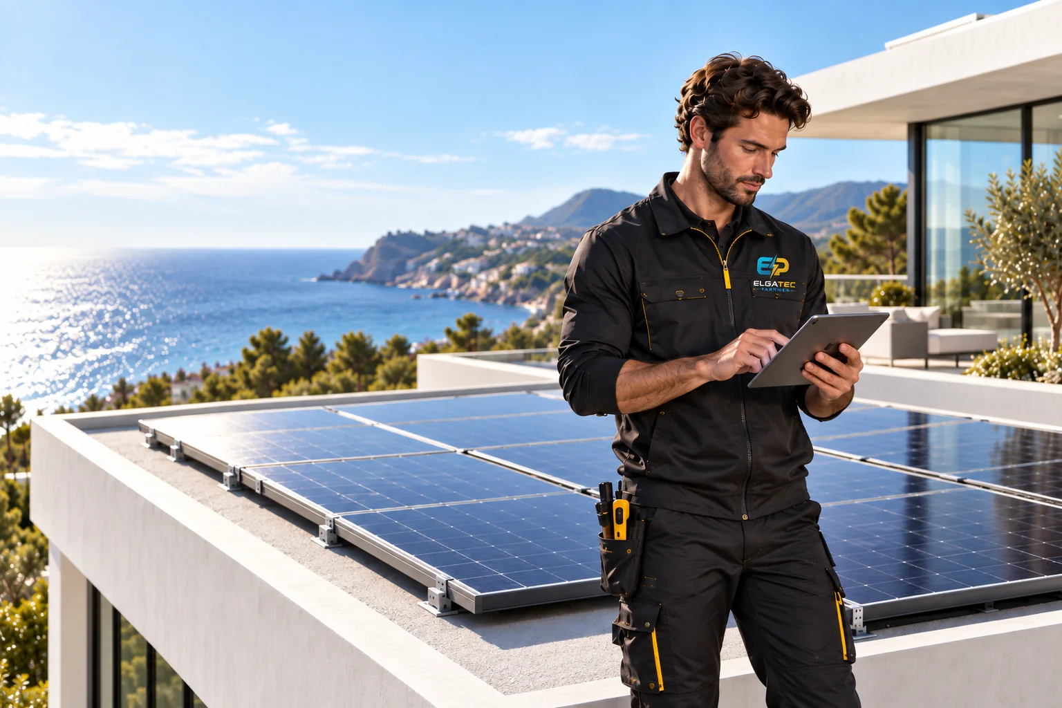 Instalador revisando una instalación fotovoltaica con una tableta