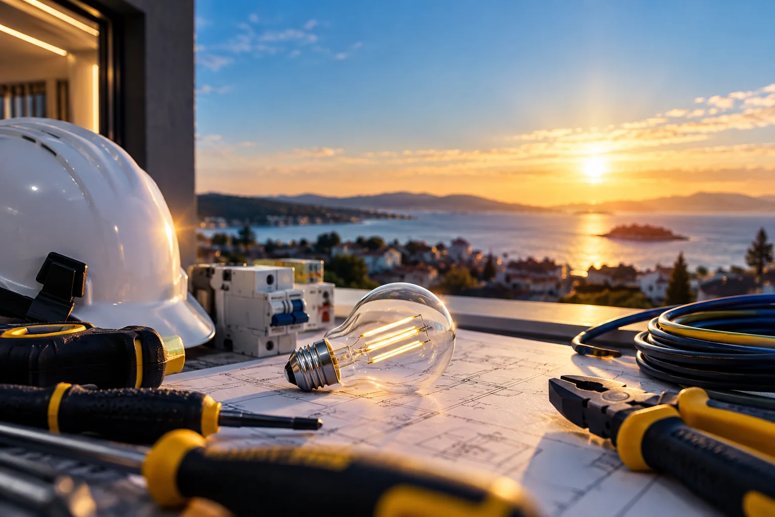 Herramientas de electricista sobre planos al atardecer