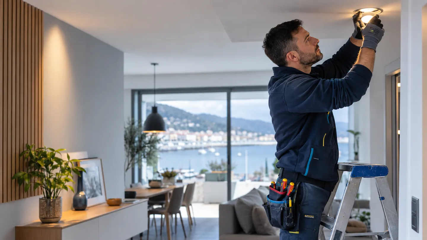 Técnico sobre una escalera ajustando una luminaria de techo en un salón.