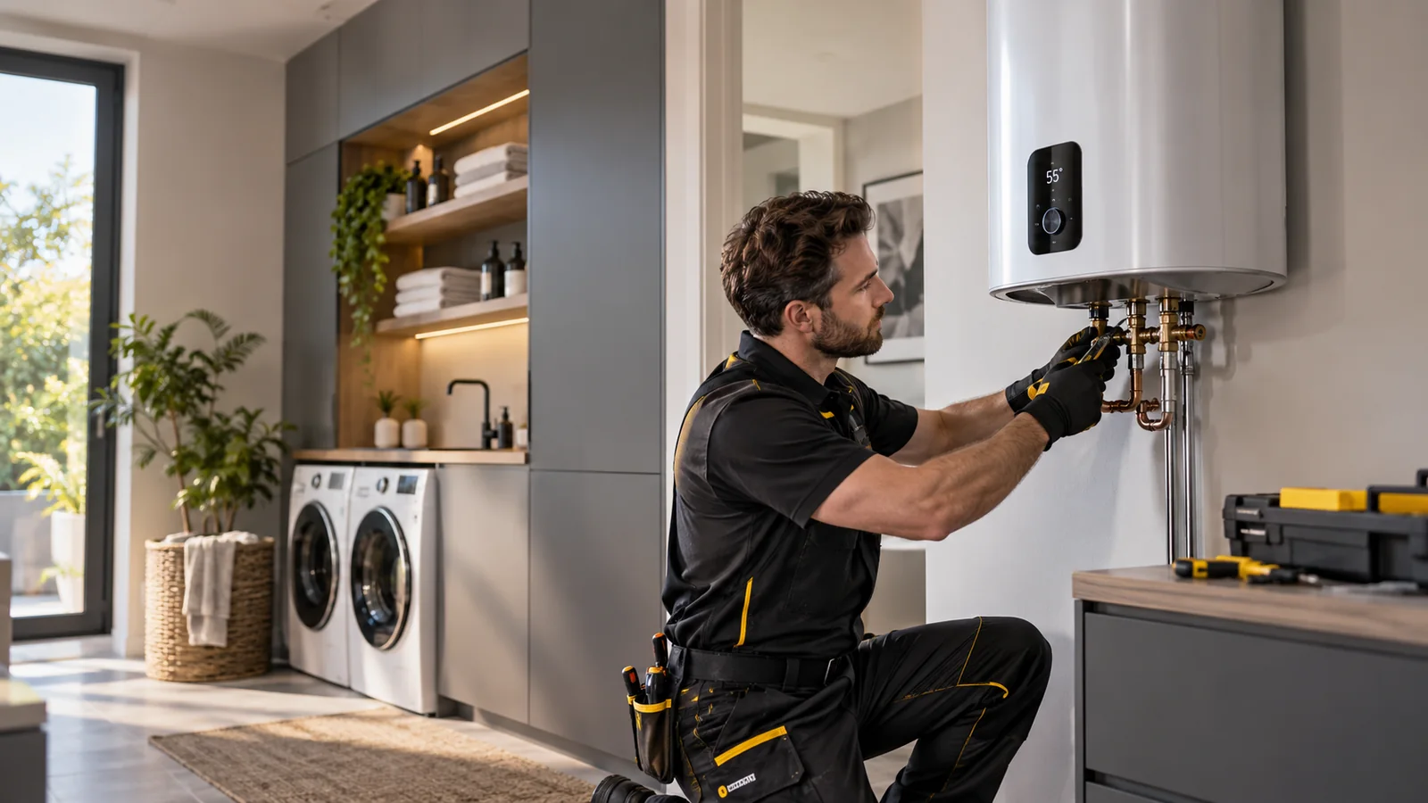 Técnico instalando un termo eléctrico en una vivienda
