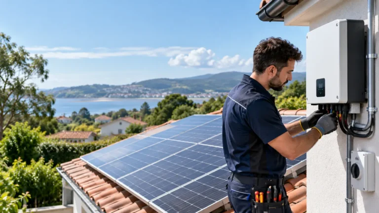 Técnico trabajando en las conexiones de un inversor, junto a paneles solares en una cubierta.