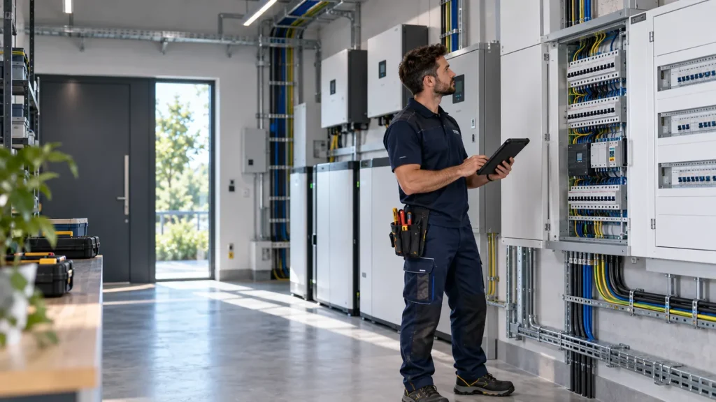 Técnico con una tableta revisando varios cuadros eléctricos en una sala técnica.