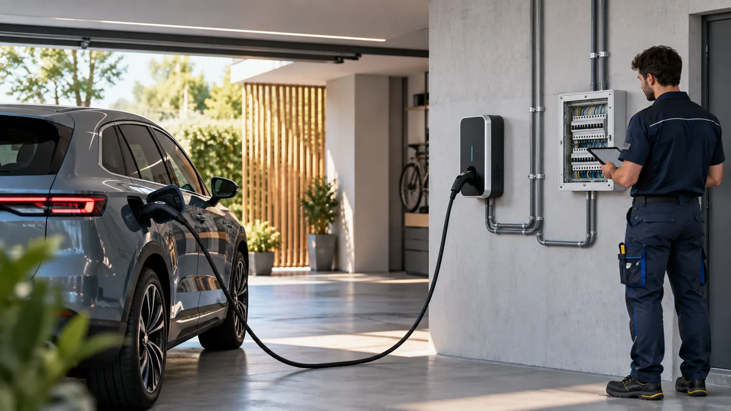 Coche eléctrico conectado a un cargador de pared mientras un técnico revisa el cuadro eléctrico del garaje.