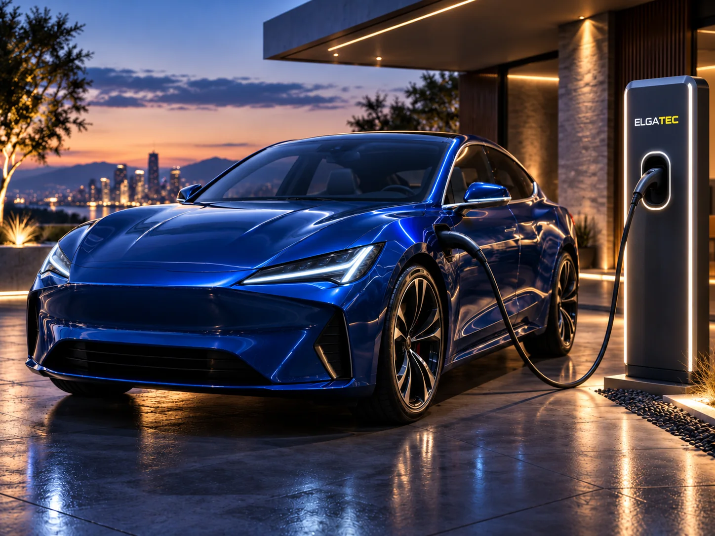 Coche eléctrico azul conectado a un punto de recarga ELGATEC