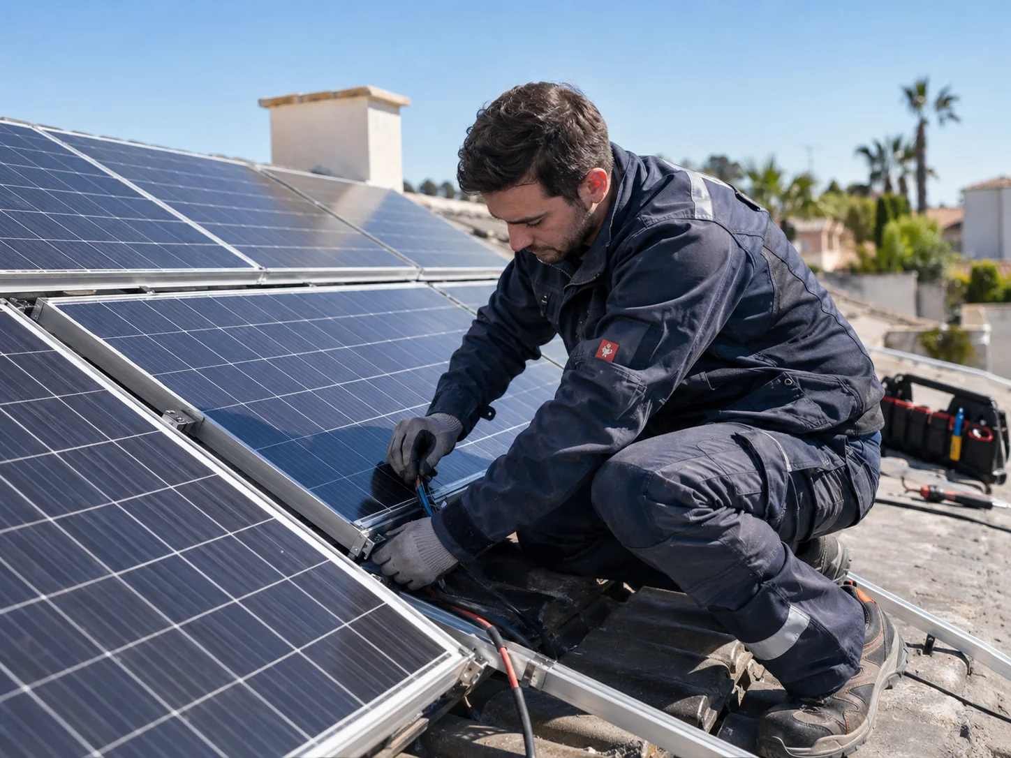 Técnico ajustando un panel solar en una instalación fotovoltaica