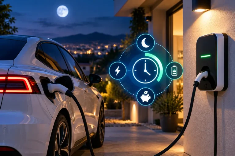 Coche eléctrico cargando de noche con iconos de reloj, batería y ahorro energético.