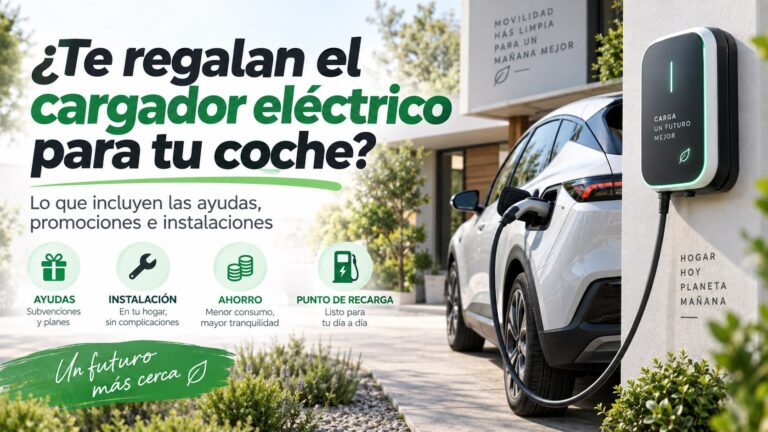 Coche eléctrico cargando en un wallbox doméstico, con información sobre ayudas, instalación y ahorro.