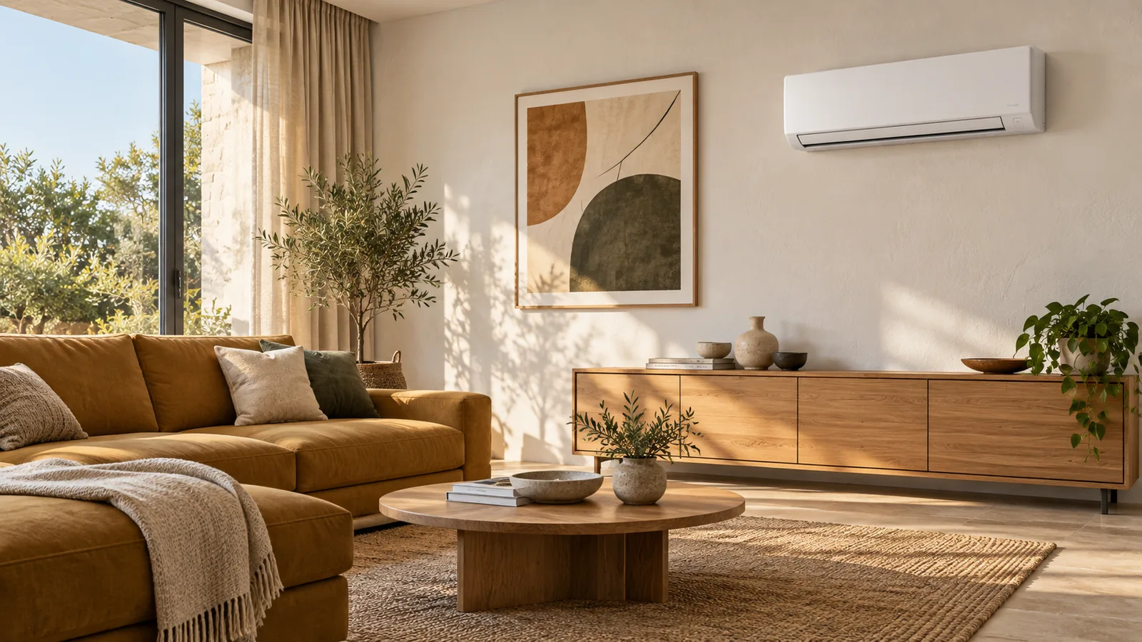 Salón ilustrativo con sofá ocre, mueble de roble y unidad split en la pared derecha
