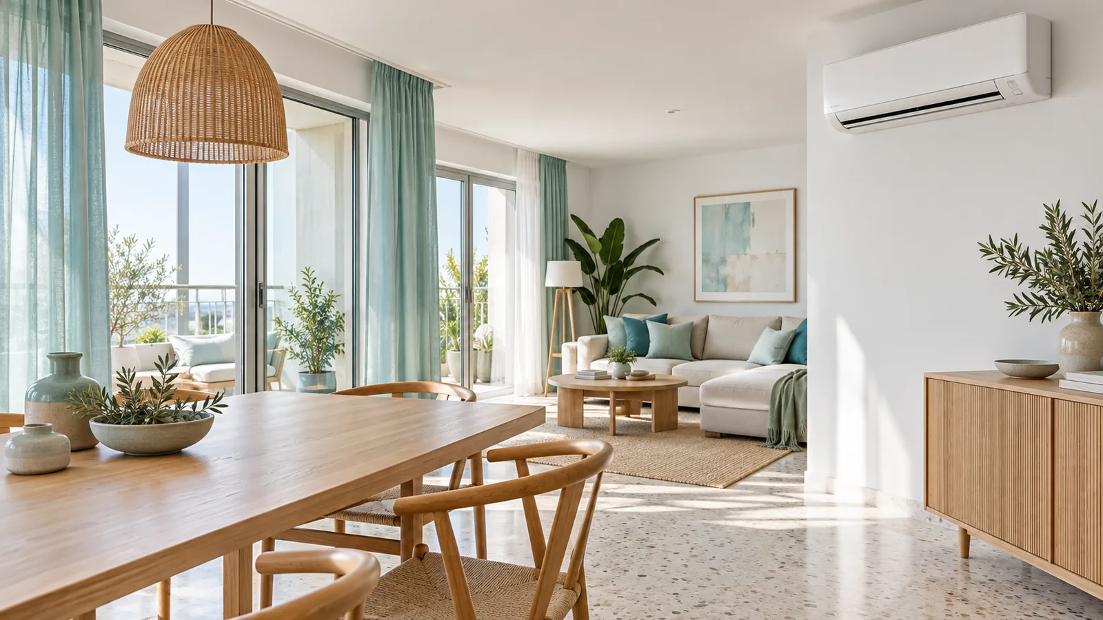 Apartamento ilustrativo con comedor de roble, suelo de terrazo, cortinas verde agua y unidad split