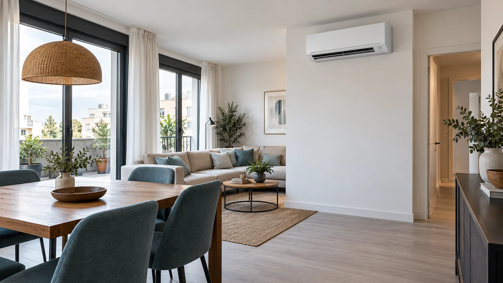 Interior ilustrativo de un apartamento con aire acondicionado split y zona de comedor