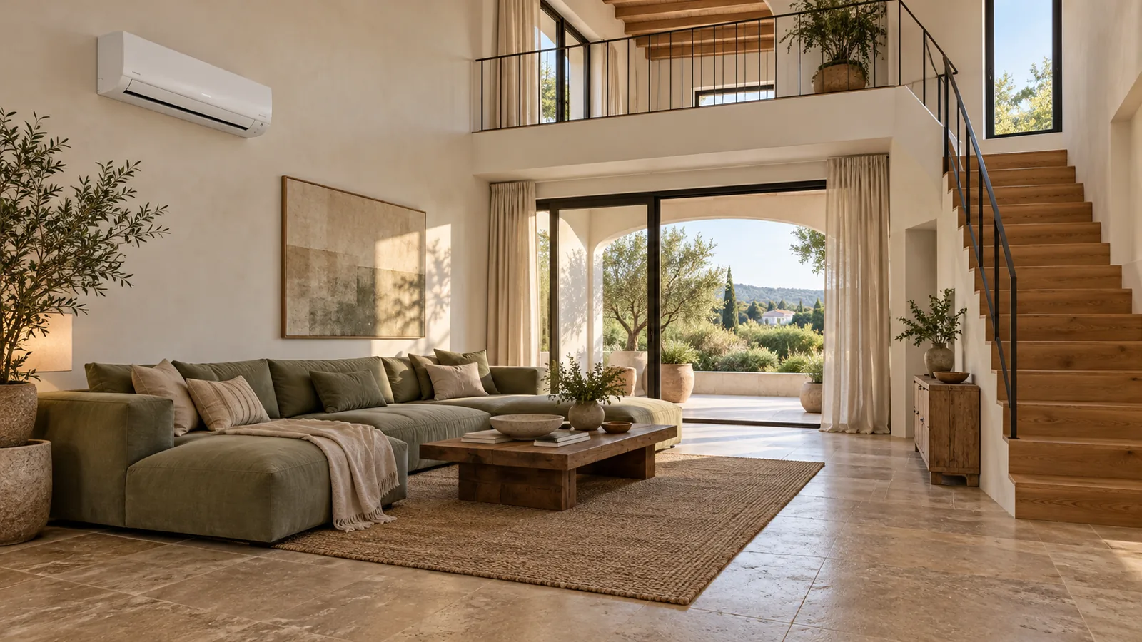 Interior ilustrativo de vivienda de dos plantas con escalera de madera y aire acondicionado split