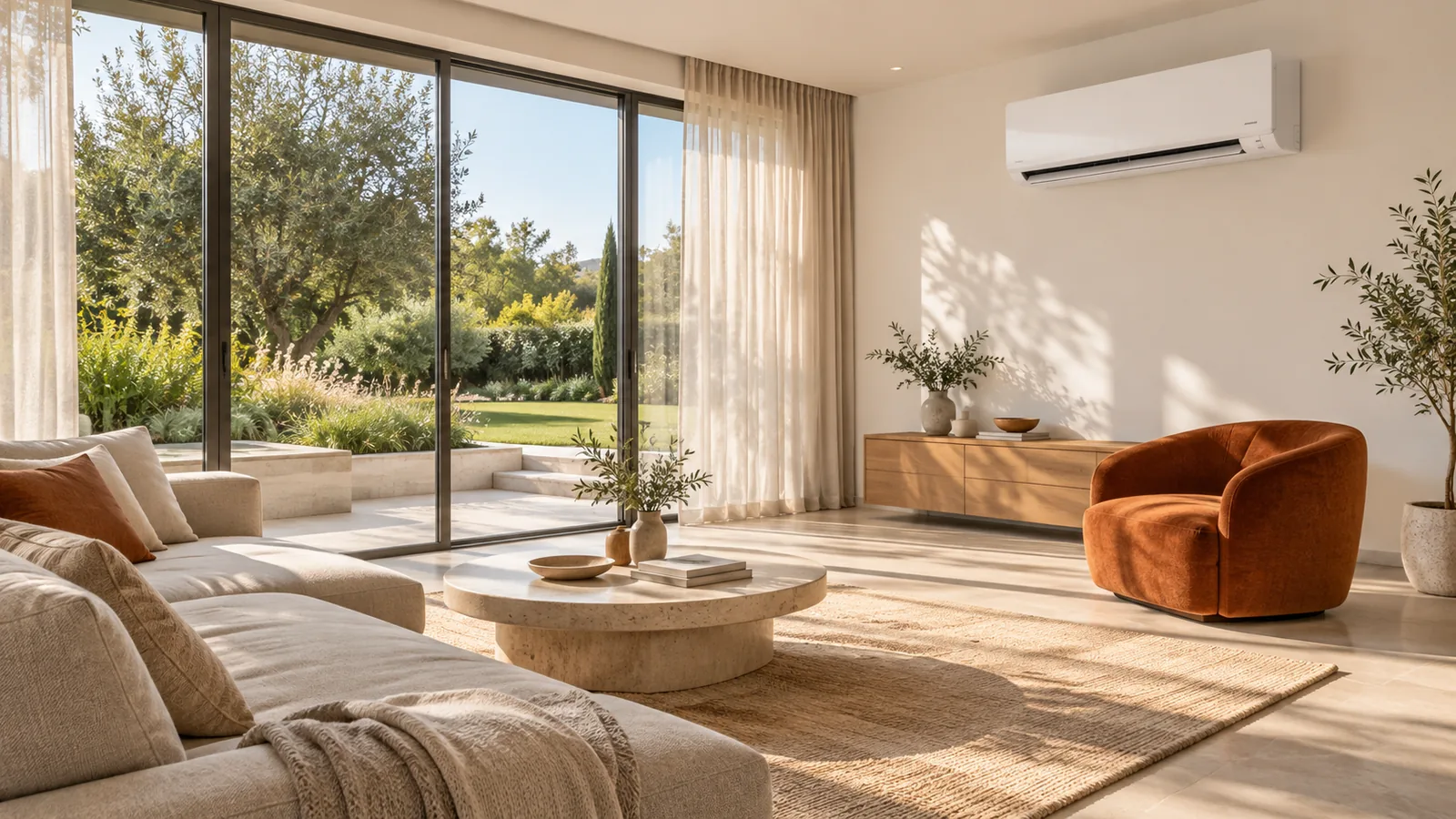 Salón ilustrativo con grandes ventanales, cortinas claras, sillón teja y unidad split blanca