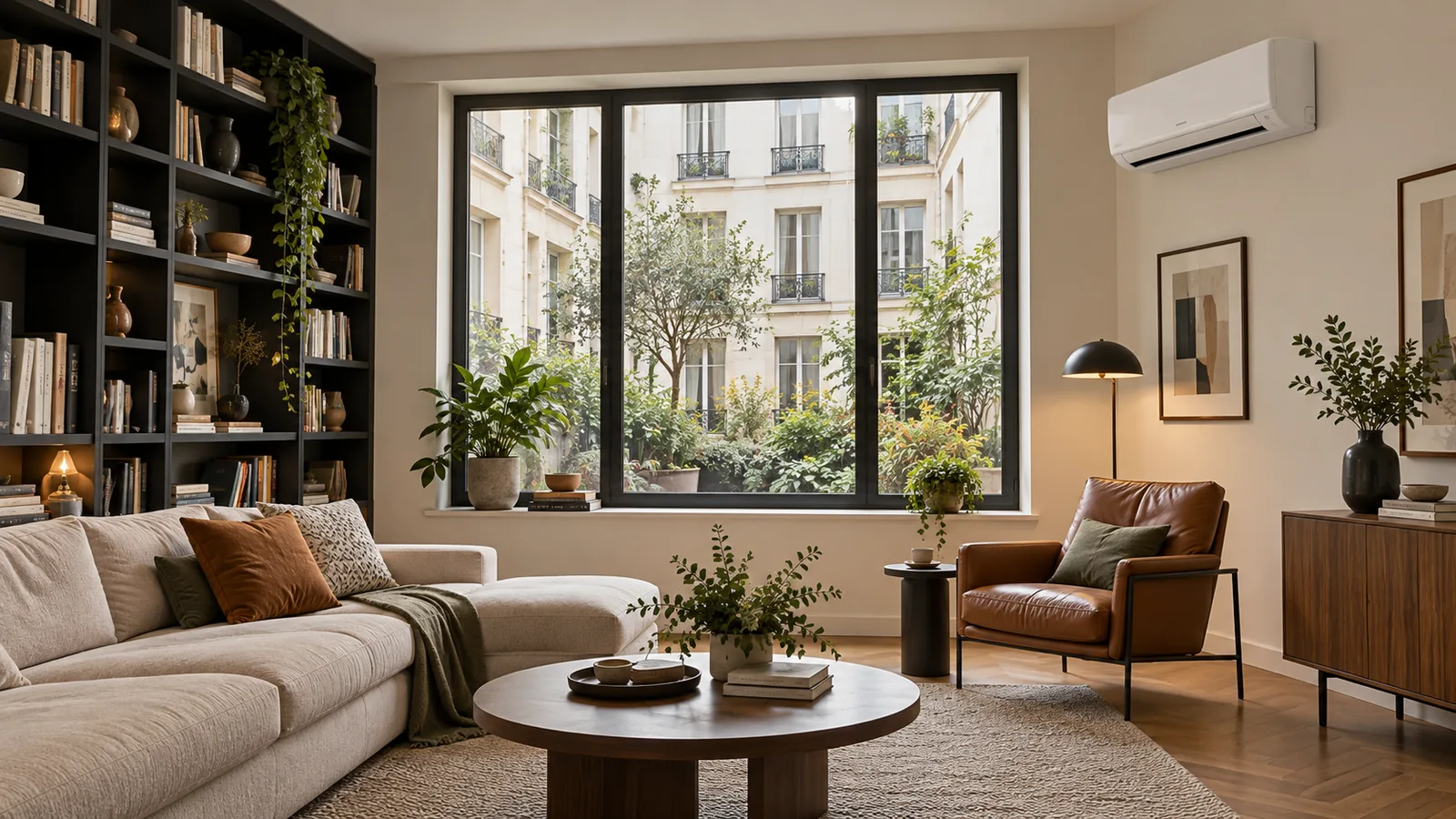 Salón de apartamento ilustrativo con ventana a patio, sillón de cuero y unidad split blanca en una pared lateral