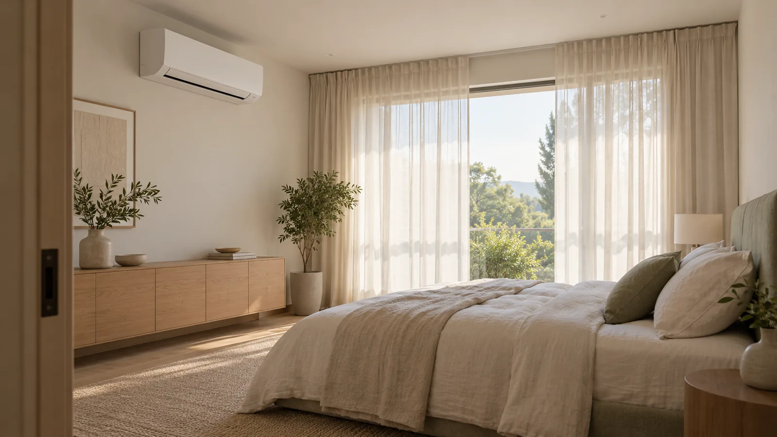 Dormitorio ilustrativo con aire acondicionado split en una pared lateral y luz natural