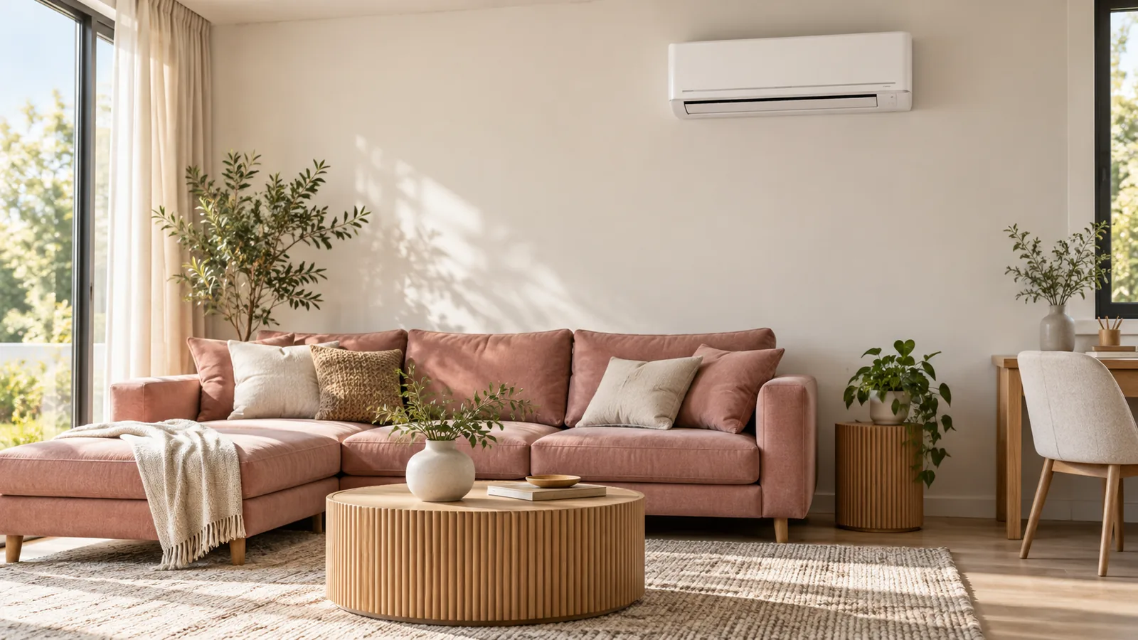 Salón ilustrativo con sofá rosa apagado, escritorio junto a ventana y unidad split sobre pared clara