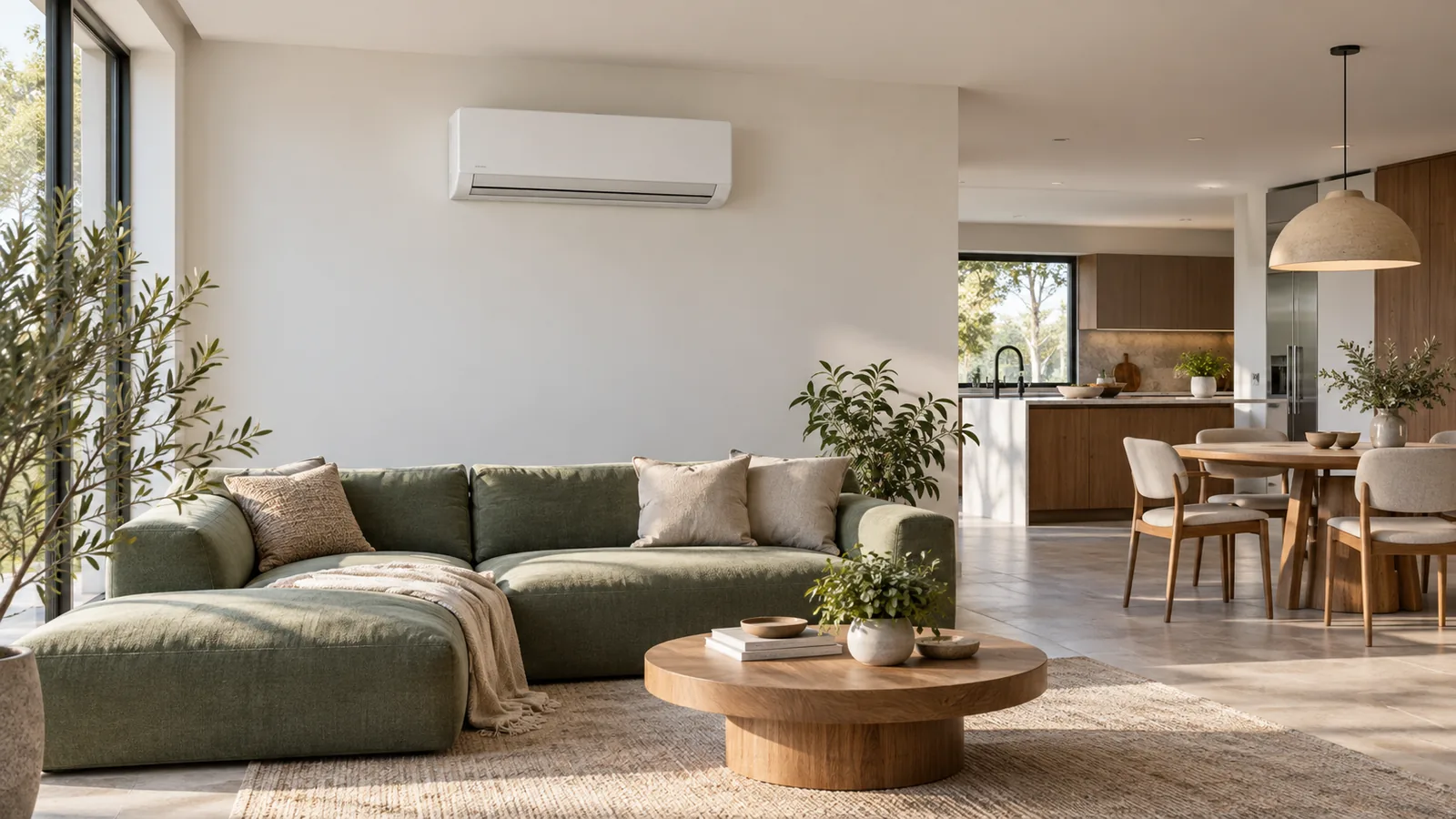 Espacio ilustrativo abierto con salón de sofá verde, comedor y unidad split blanca