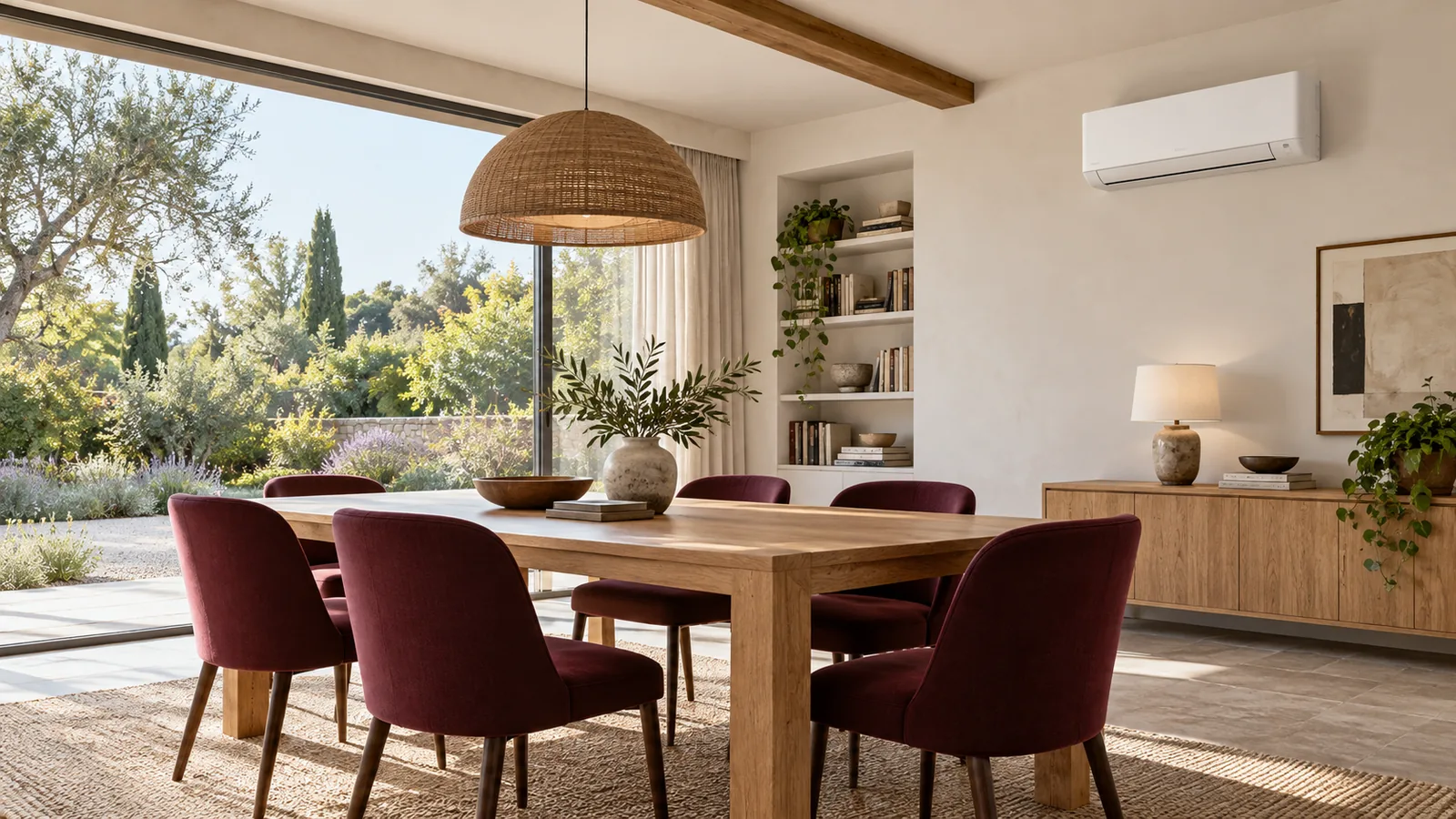 Comedor ilustrativo con sillas granate, ventanal al jardín y unidad split en la pared derecha