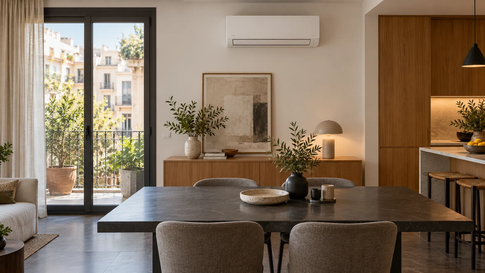 Interior ilustrativo de piso urbano con comedor, puerta de balcón y aire acondicionado split