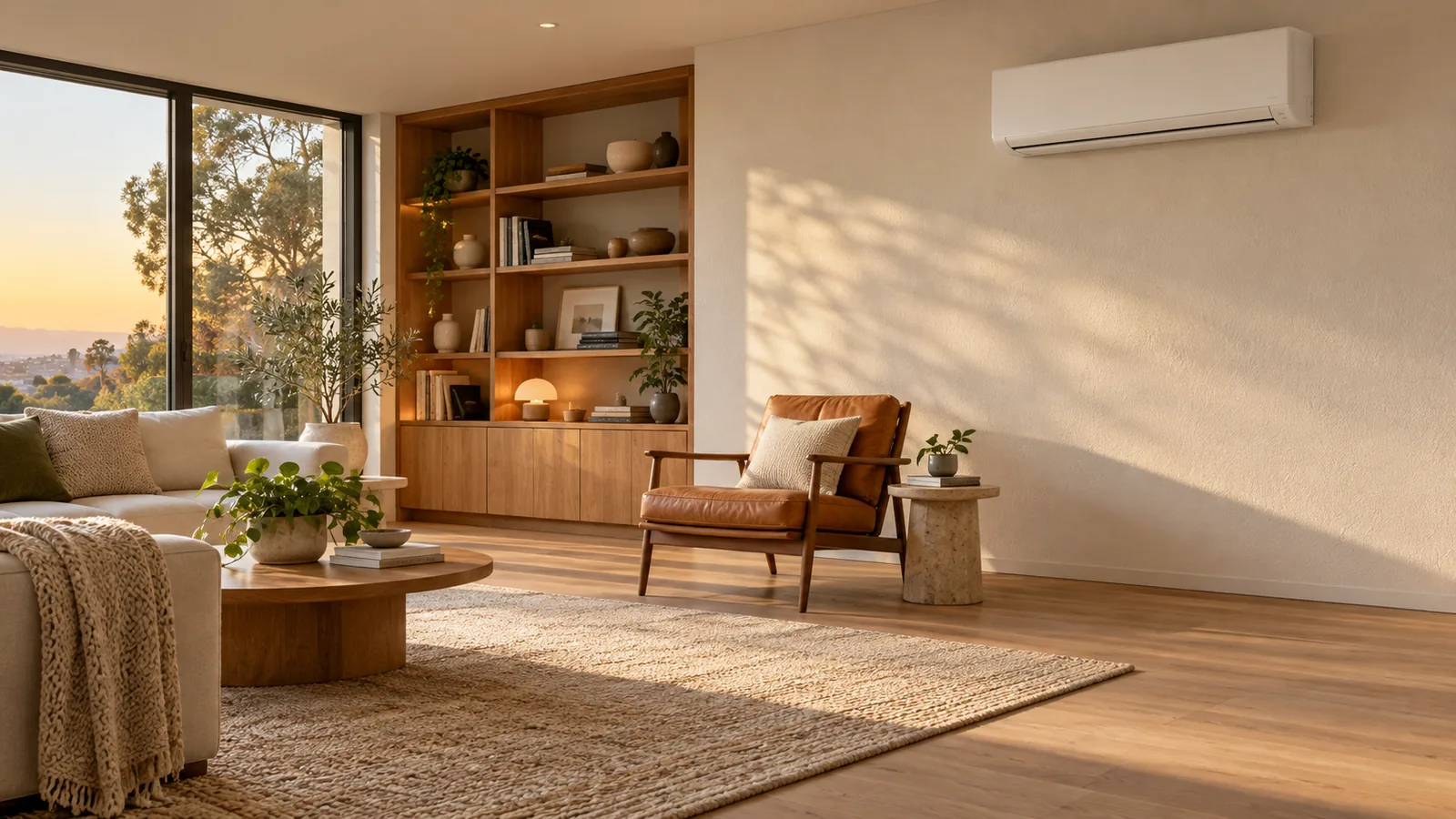 Salón ilustrativo reformado con una nueva unidad de aire acondicionado split y mobiliario de madera