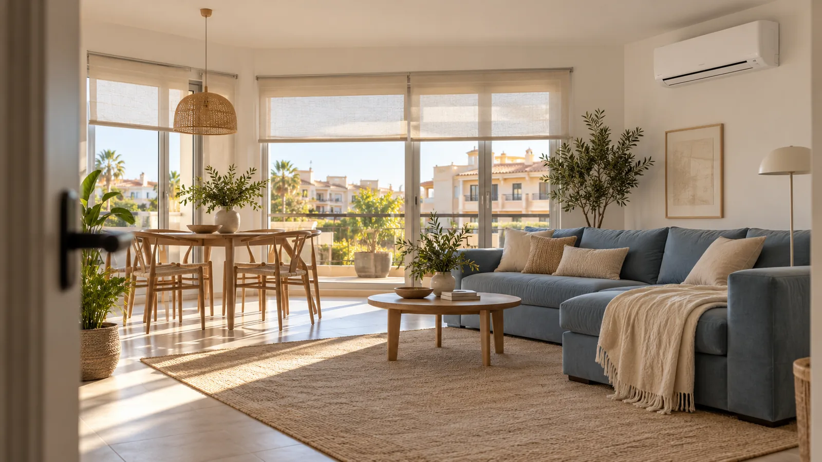 Salón ilustrativo con ventanales, persianas claras y una unidad de aire acondicionado split