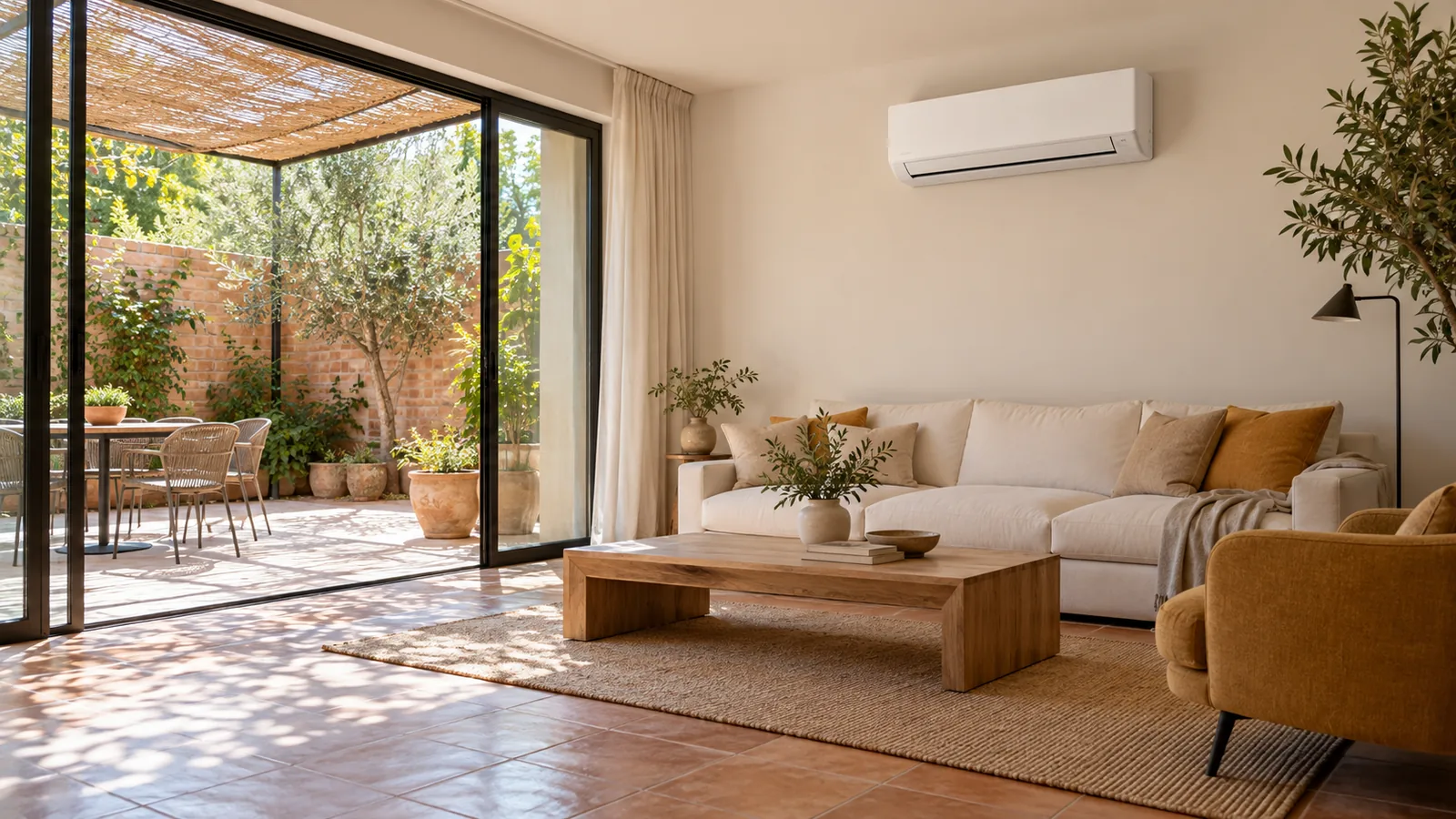 Salón ilustrativo con patio sombreado y aire acondicionado split sobre una pared despejada