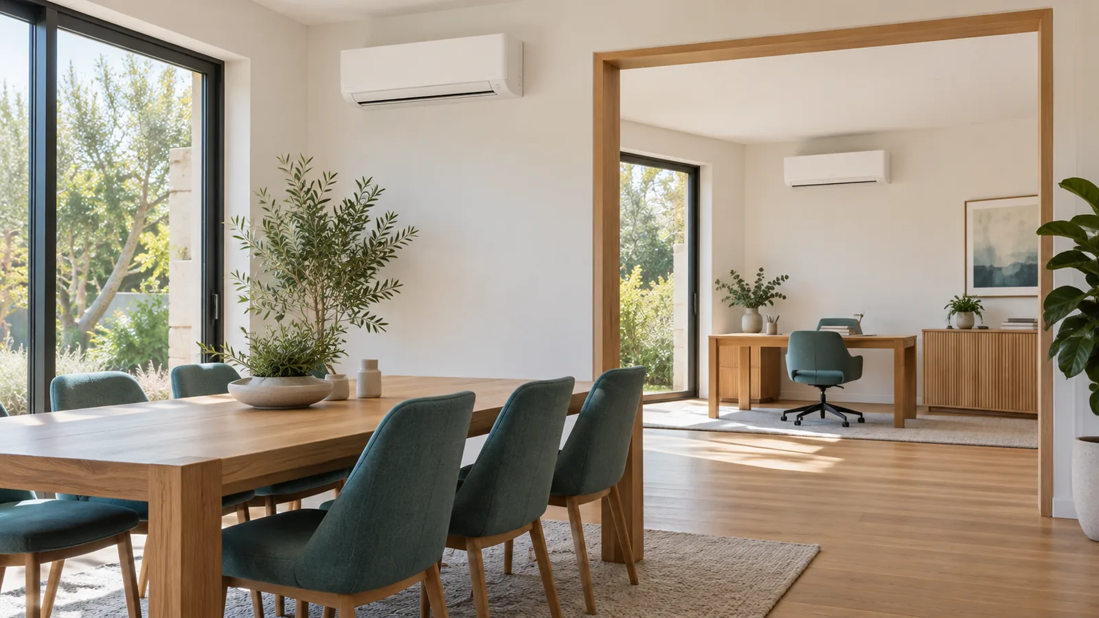 Vivienda ilustrativa con comedor y despacho conectados y dos unidades interiores de aire acondicionado