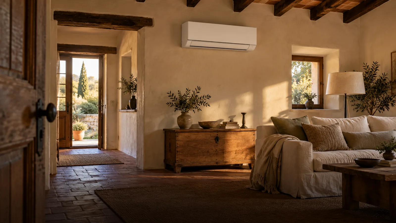 Vivienda reformada ilustrativa con vigas de madera y aire acondicionado split